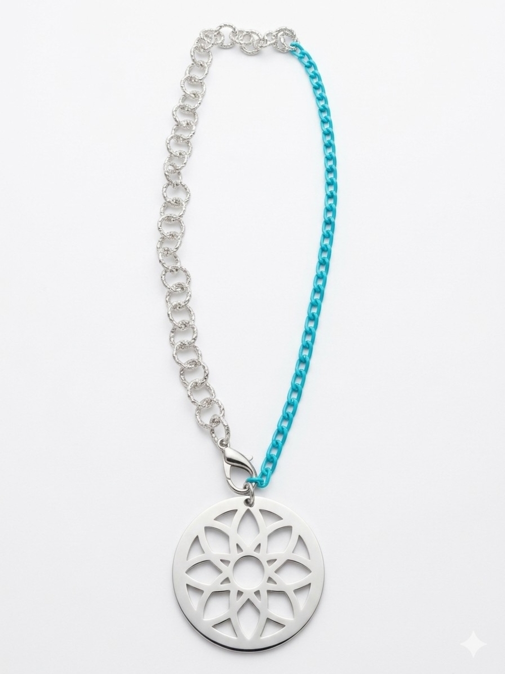Silver Tone Aluminum Pendant Necklace with Turquoise Chain Accent